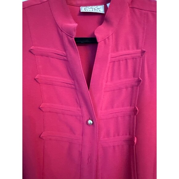 Kathy Che Button-Up Red Tunic Shirt 14/16W Mandarin Collar Roll Tab Sleeves - Picture 8 of 10